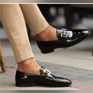 Size  44 Roberto Covali Men's Black  Leather Slip-On Loafers with Silver Buckle